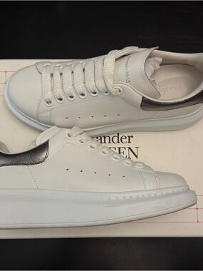 Alexander McQueen White Leather Sneakers with Silver Heel Tab